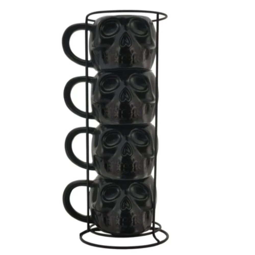 NEW Skull Mug Set of 4 Stackable Mugs Dia De Los Muertos Skulls Halloween Stonew